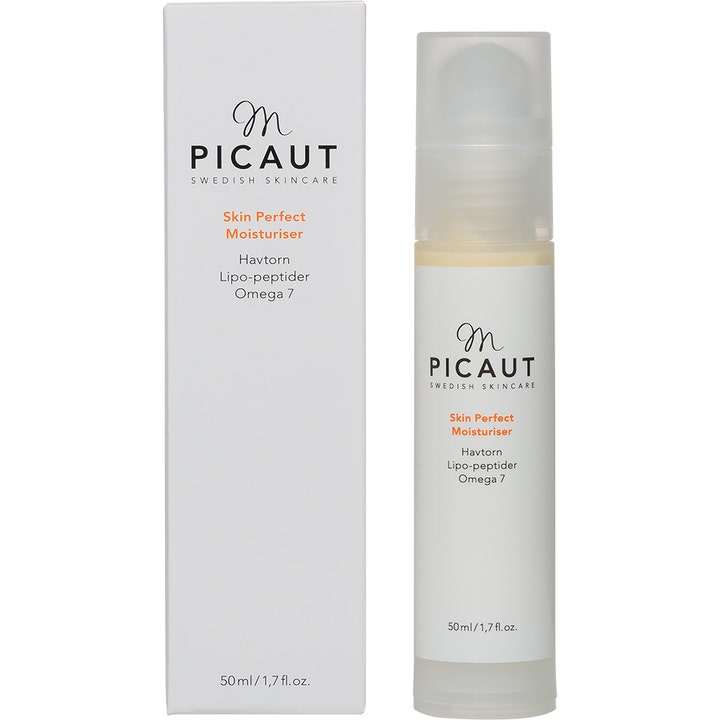 M Picaut Swedish Skincare Skin Perfect Moisturiser 50 ml dagkrem med havtorn og omega 7 i hvit eske og pumpeflaske