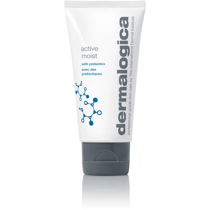 Dermalogica Active Moist fuktighetsgivende ansiktskrem med prebiotika i hvit tube med mørkegrå kork og blå detaljer.