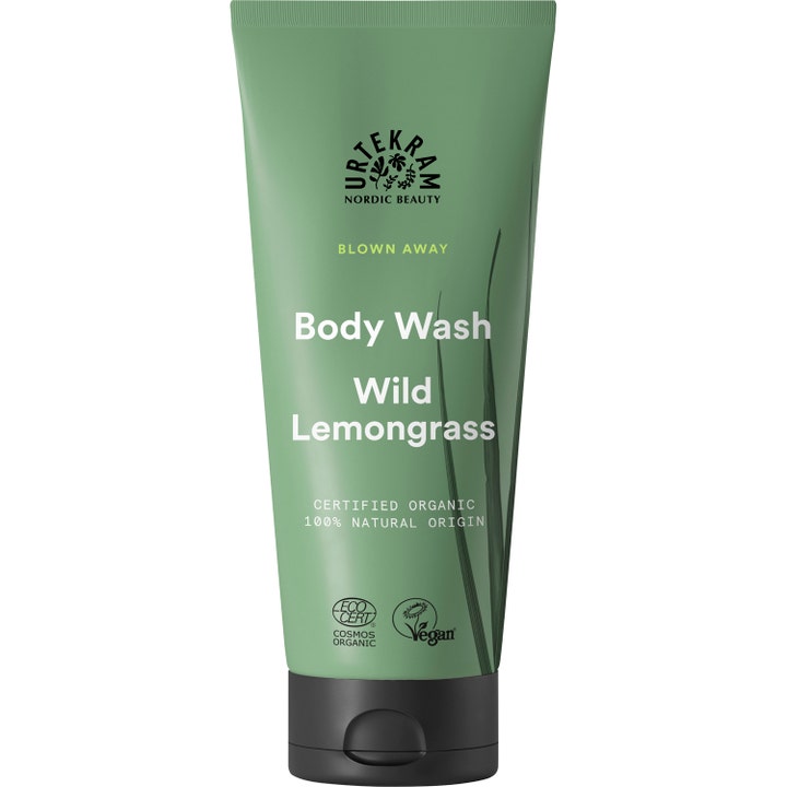 Urtekram Blown Away Wild Lemongrass Body Wash forfriskende økologisk kroppssåpe i en grønn tube med sort lokk.