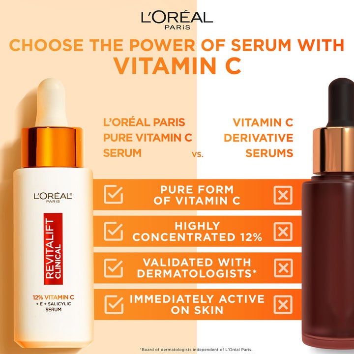 L'Oréal Paris Revitalift Clinical 12% Vitamin C Serum 30 ml sammenlignet med derivatserum.