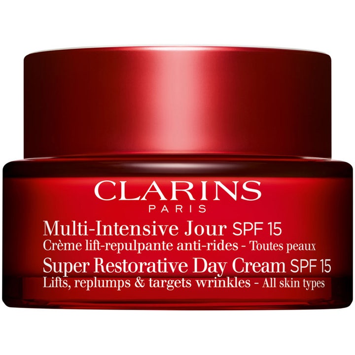 Clarins Multi-Intensive Day Cream 50ml løftende anti-age dagkrem SPF 15 i en elegant rød glasskrukke