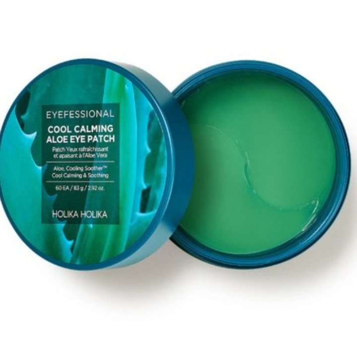Holika Holika Eyeprofessional Cool Calming Aloe Eye Patch 60stk beroligende øyemaske med grønne hydrogel-lapper i blå krukke.