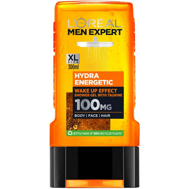 L'Oréal Men Expert Hydra Energetic 300ml oppfriskende dusjsåpe i en oransje gjennomsiktig plastflaske med sort kork