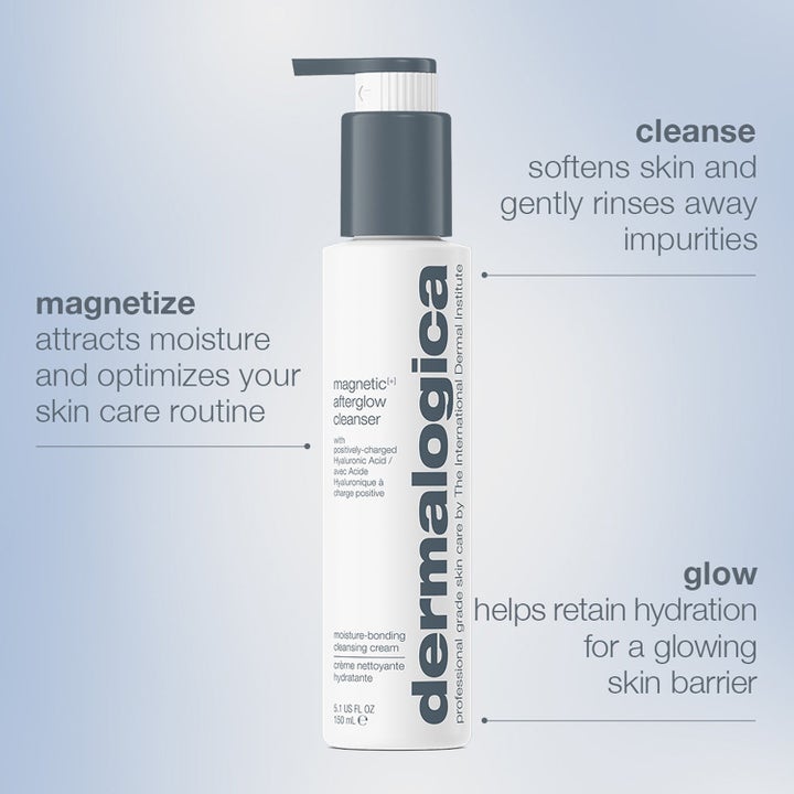 Dermalogica Magnetic Afterglow Cleanser 150 ml ansiktsrengjøring med hyaluronsyre i hvit pumpeflaske som gir glød