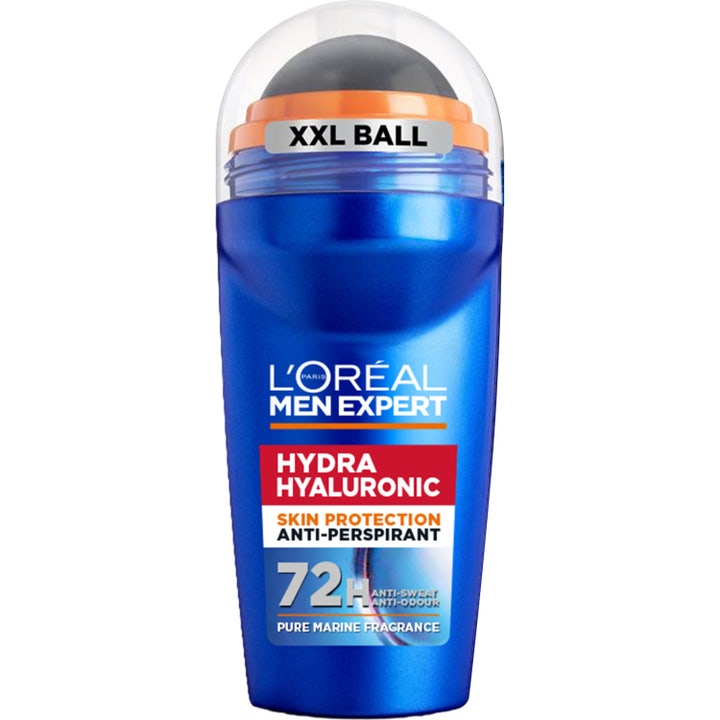 L'Oréal Men Expert Hydra Hyaluronic roll-on deodorant som gir 72t beskyttelse i blå beholder med stor sort kule.