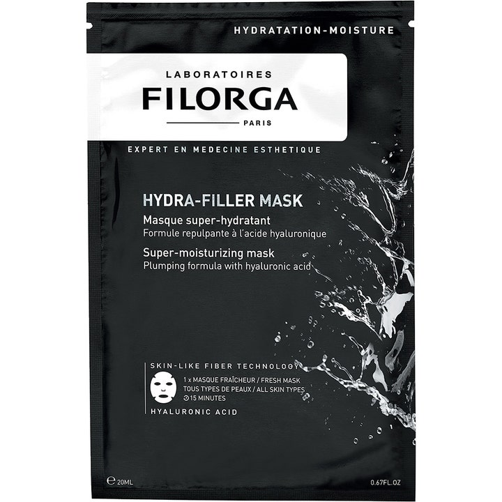 Filorga Hydra-Filler Mask 23 g fuktighetsgivende arkmaske i sort pose med hvit tekst og grafisk vannsprut