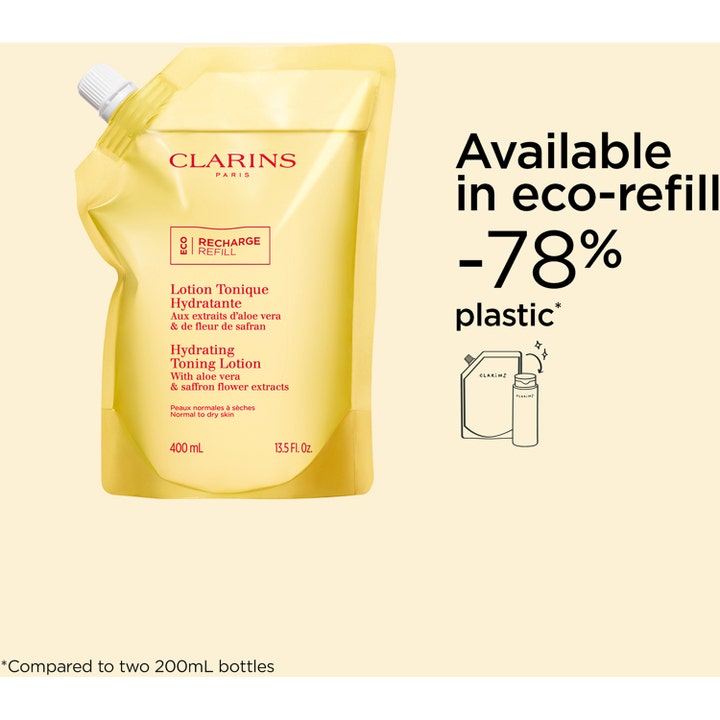 Clarins Hydrating Toning Lotion 400 ml fuktighetsgivende ansiktsvatten i gul eco-refill pose med aloe vera