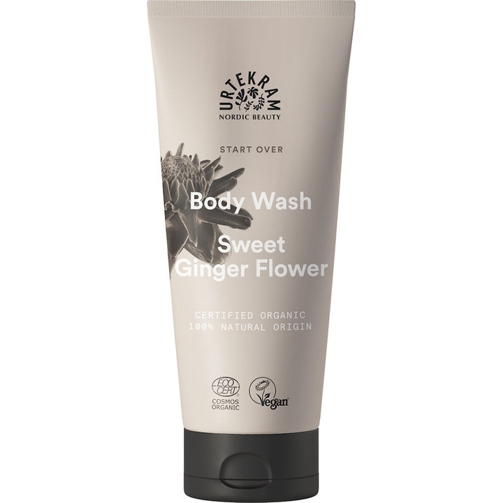 Urtekram Sweet Ginger Flower Body Wash 200 ml oppfriskende dusjsåpe i beige tube med sort kork og blomsterillustrasjon