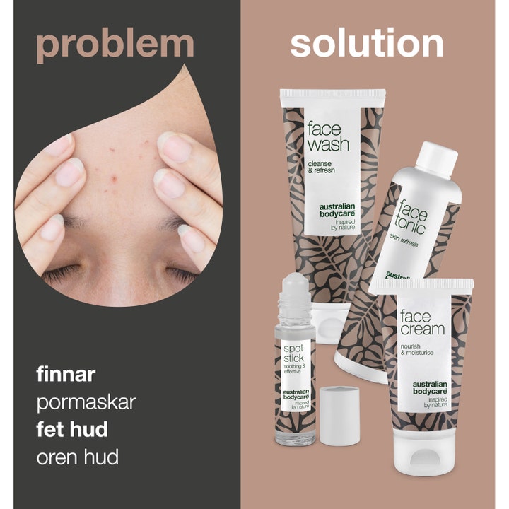 Australian Bodycare Face Care 309 ml sett mot kviser og uren hud med ansiktsvask toner krem og spot stick