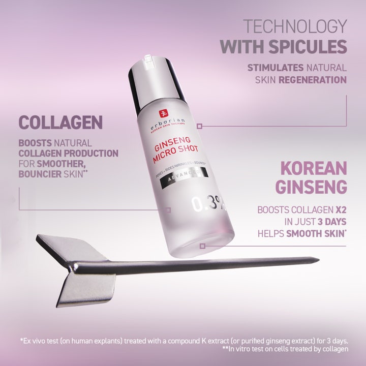 Erborian Ginseng Micro Shot 0.3 Advanced 30 ml serum øker kollagen vist med en metallisk spicule
