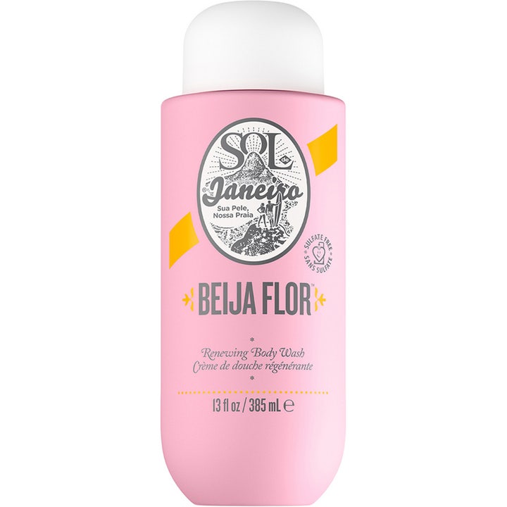 Sol de Janeiro Beija Flor Renewing Body Wash 385 ml fornyende kroppsvask i rosa flaske med hvit kork og gul logo