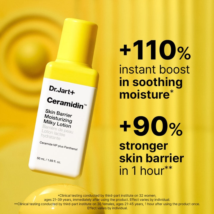 Dr.Jart+ Ceramidin Milky Lotion 50 ml fuktighetskrem styrker hudbarrieren i gul flaske med tekst om fuktighetsboost