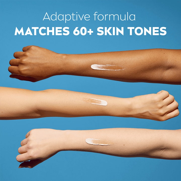 NIVEA Luminous 630 CC Fluid 40 ml viser tekstur på tre ulike hudtoner og matcher over 60 nyanser.