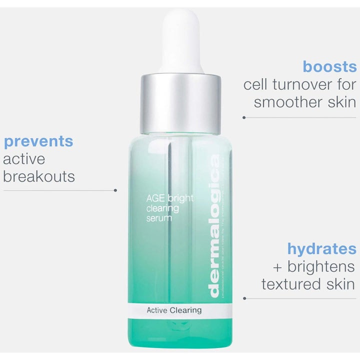 Dermalogica AGE Bright Clearing Serum med niacinamid i blågrønn flaske som forebygger kviser og gir glattere hud.