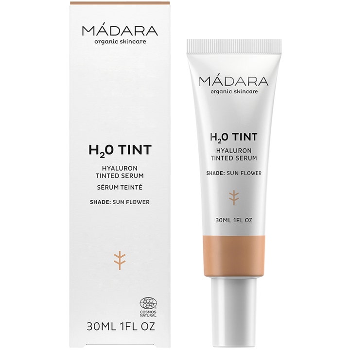 MÁDARA H2O Tint Hyaluron Tinted Serum 30 ml gir fukt og glød i hvit tube og eske i nyansen Sun Flower.
