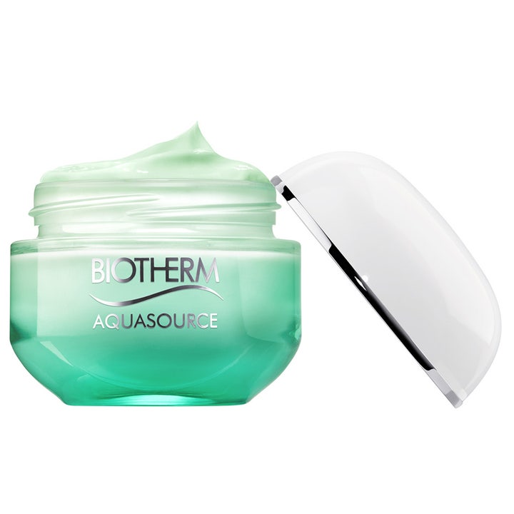 Biotherm Aquasource 50 ml fuktighetsgivende dagkrem i grønn glasskrukke med synlig lysegrønn tekstur og hvitt lokk