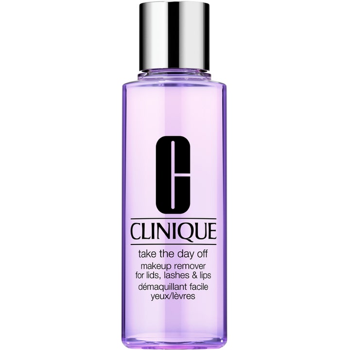 Clinique Take The Day Off Makeup Remover 125ml fjerner sminke skånsomt i en lilla flaske med sølvkork