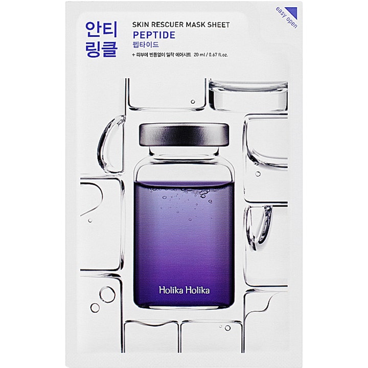 Holika Holika Skin Rescuer Mask Sheet Peptide 20 ml oppstrammende ansiktsmaske i hvit sachet med lilla glassampulle