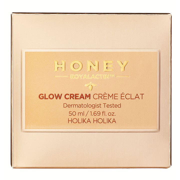 Holika Holika Honey Royalactin Glow Cream 50 ml ansiktskrem i en elegant gullfarget ytterforpakning.