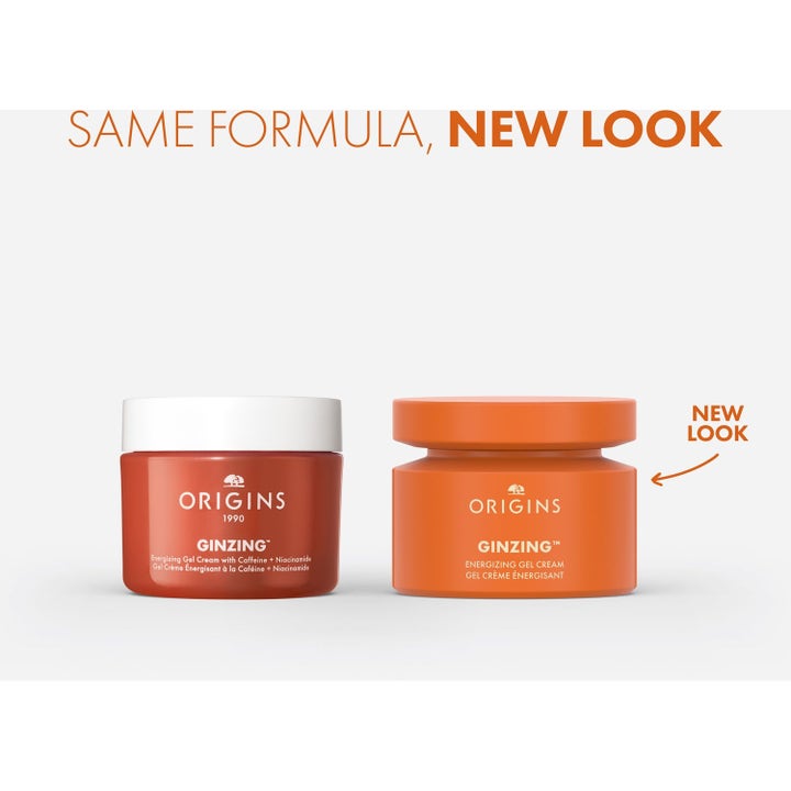 Origins GinZing Energizing Gel Cream ansiktskrem i ny oransje krukke ved siden av gammelt design.