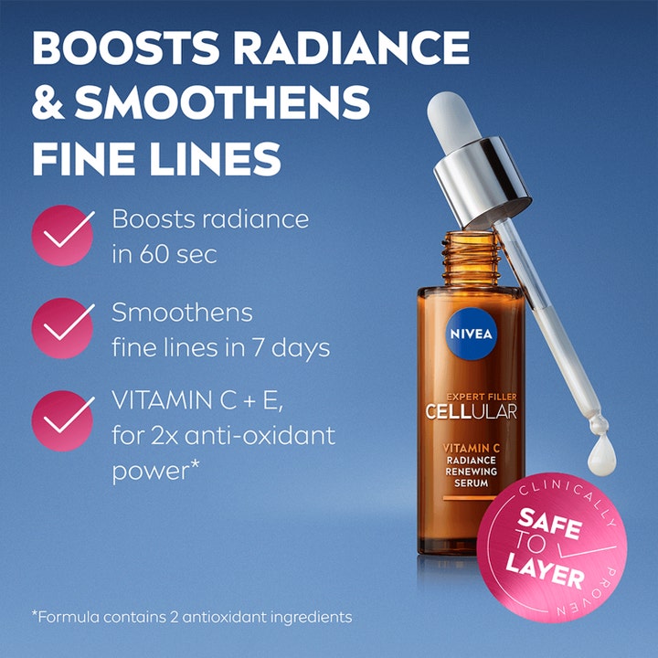 NIVEA Cellular Expert Filler Vitamin C Radiance 30 ml ansiktsserum gir glød i brun glassflaske med hvit tekstur på pipette