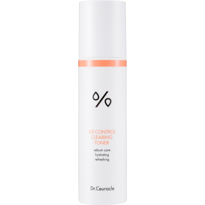Dr. Ceuracle 5α Control Clearing Toner 120ml gir mattende talgkontroll i en hvit flaske med oransje stripe.