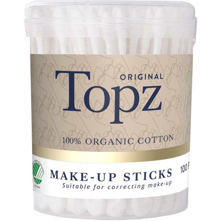 Topz Original Make-up Sticks 100 stk for sminkekorreksjon i gjennomsiktig boks med hvite bomullspinner av økologisk bomull.