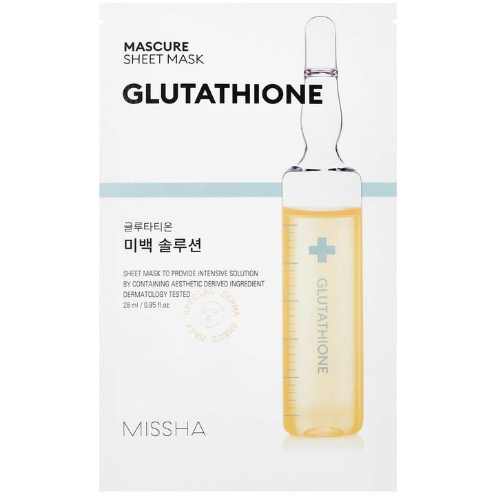 Missha Mascure Sheet Mask Glutathione 28 ml glødgivende ansiktsmaske i hvit sachet med bilde av en gul glassampulle.