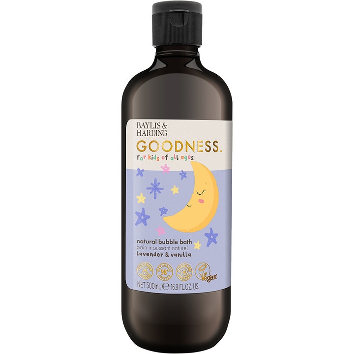 Baylis & Harding Goodness Lavender & Vanilla 500 ml beroligende skumbad i mørk flaske med dekorativ måne og stjerner