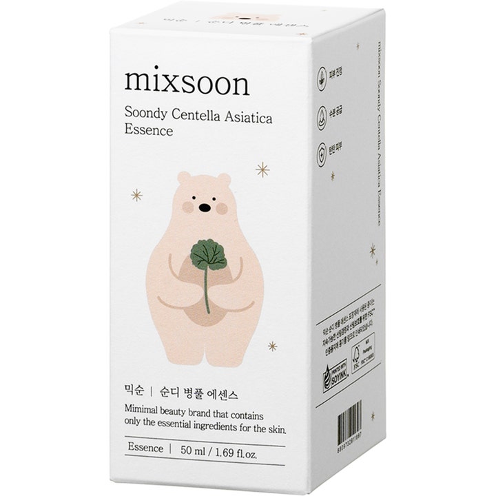 Mixsoon Soondy Centella Asiatica Essence 100 ml beroligende ansiktsserum i hvit eske med tegning av en bjørn