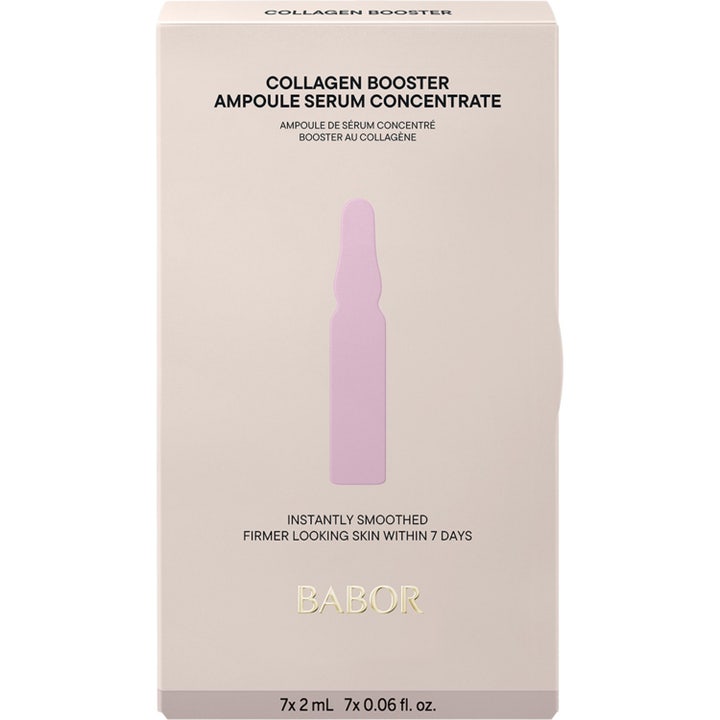 Babor Ampoule Collagen Booster 14 ml oppstrammende ansiktsserum i beige eske med rosa ampulle-illustrasjon.