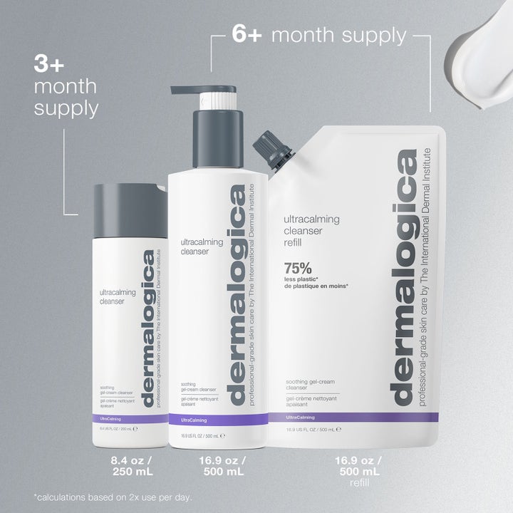 Dermalogica UltraCalming Cleanser 500 ml beroligende rengjøringsgel i hvit refillpose og flaske med kremet tekstur