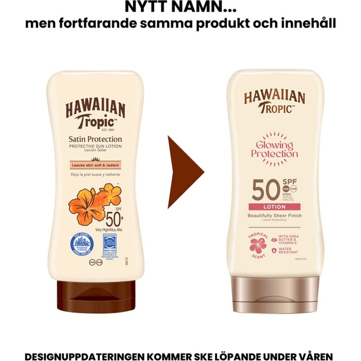Hawaiian Tropic Satin Protection Lotion Duo SPF50+ solkrem viser designendring til Glowing Protection med SPF 50.