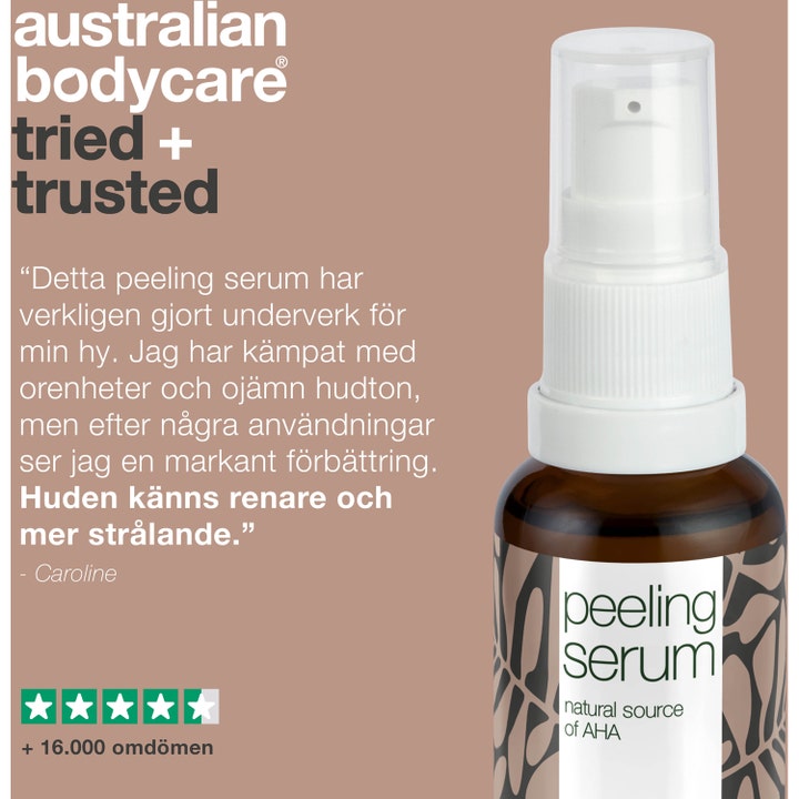 Australian Bodycare Lime Pearl Serum 30 ml peeling serum med AHA i brun glassflaske vist med en kundeanmeldelse.
