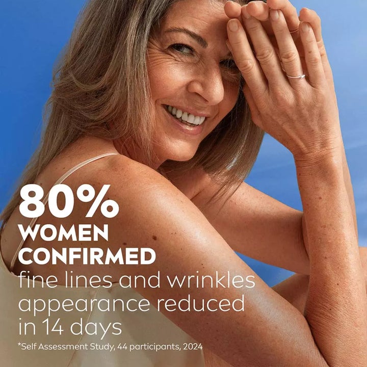 NIVEA Q10 Firming+ Neck & Chest Cream 200 ml mot rynker med smilende kvinne og tekst om synlig resultat
