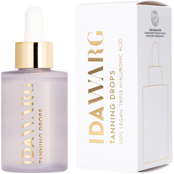 IDA WARG Beauty Tanning Drops 45 ml vegansk selvbruning i frostet glassflaske med gullkork og hvit eske