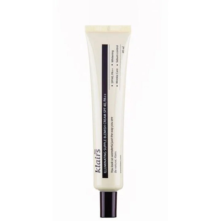 Klairs Illuminating Supple Blemish Cream 40 ml fuktighetsgivende BB-krem i beige tube med sort vertikal etikett.