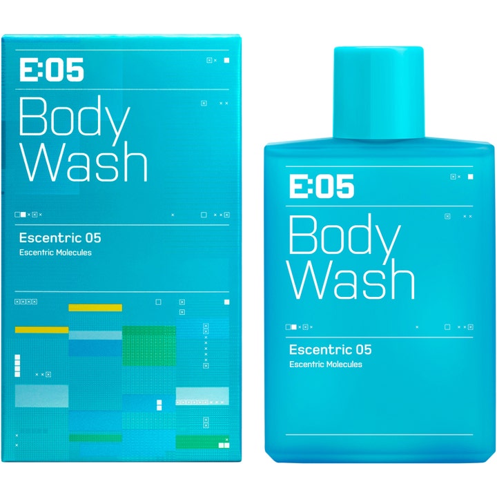 Escentric Molecules Escentric 05 Body Wash 200 ml dusjsåpe i turkis flaske og eske med grafiske detaljer