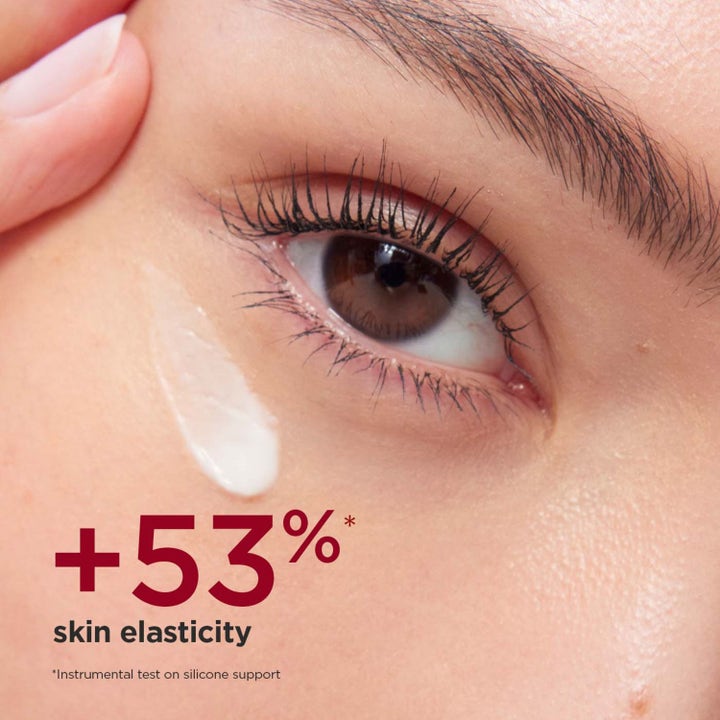 Clarins Total Eye Lift 15 ml øyekrem gir økt elastisitet med hvit tekstur og teksten pluss 53 prosent skin elasticity