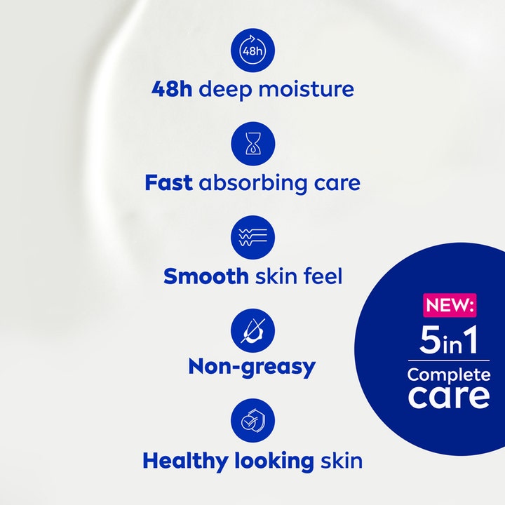 NIVEA Express Moisturising Body Lotion 250 ml tekstur med 5-i-1 pleie som gir fuktighet og sunn hud uten å klistre