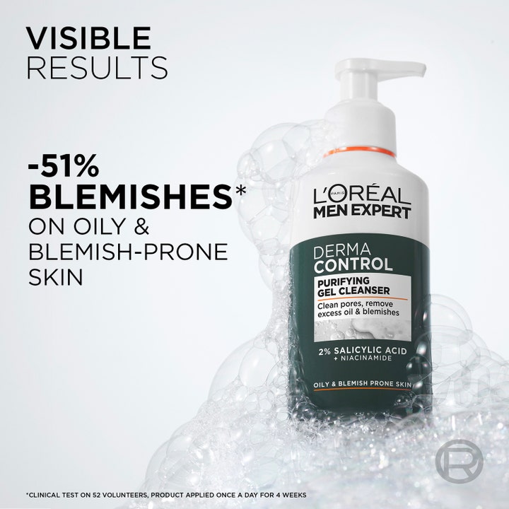 L'Oréal Paris Men Expert Derma Control 260 ml ansiktsrens mot kviser i hvit pumpeflaske med skum