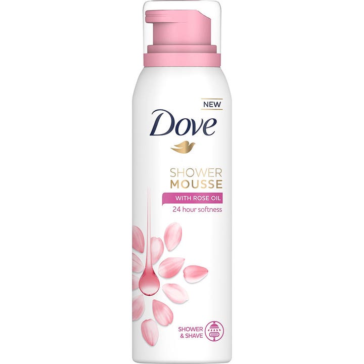 Dove Shower Mousse 200 ml pleiende dusjskum med rosenolje i hvit sprayflaske med rosa pumpe og kronblader
