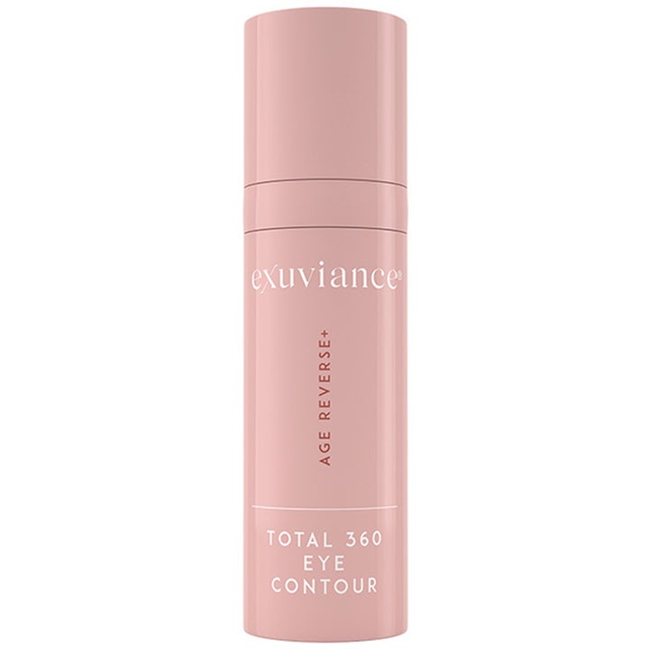 Exuviance Age Reverse+ Total 360 Eye Contour 15 ml oppstrammende øyekrem i en matt støvrosa sylindrisk pumpeflaske.