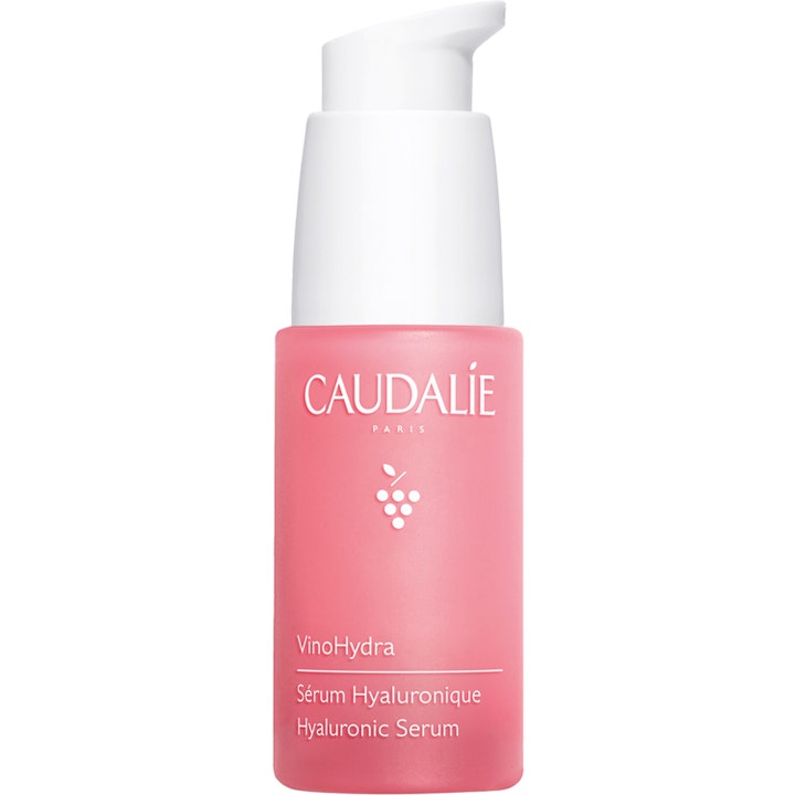 Caudalie VinoHydra Hyaluronic Serum 30 ml fuktighetsgivende ansiktsserum i rosa glassflaske med hvit pumpe