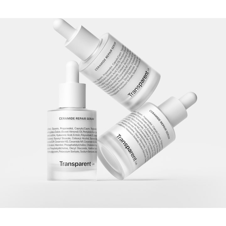 Niche Beauty Lab Transparent Lab Ceramide Repair Moisturizer 30 ml ansiktsserum i tre hvite flasker med pipette