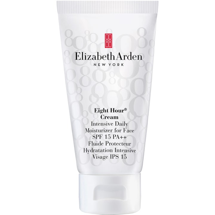 Elizabeth Arden Eight Hour Cream Intensive Daily Moisturizer SPF 15 fuktighetskrem i hvit tube med grått mønster og rød logo