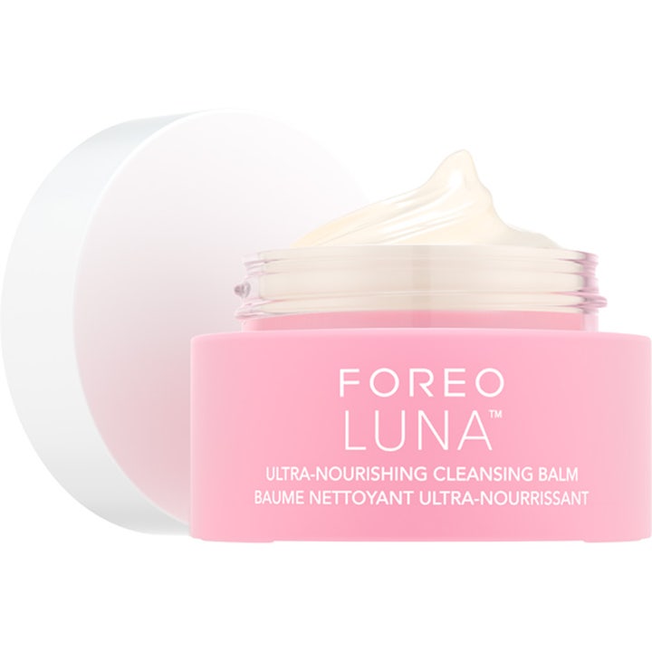FOREO LUNA Ultra Nourishing Cleansing Balm 75 ml nærende ansiktsrengjøring i rosa krukke med kremet tekstur og hvitt lokk