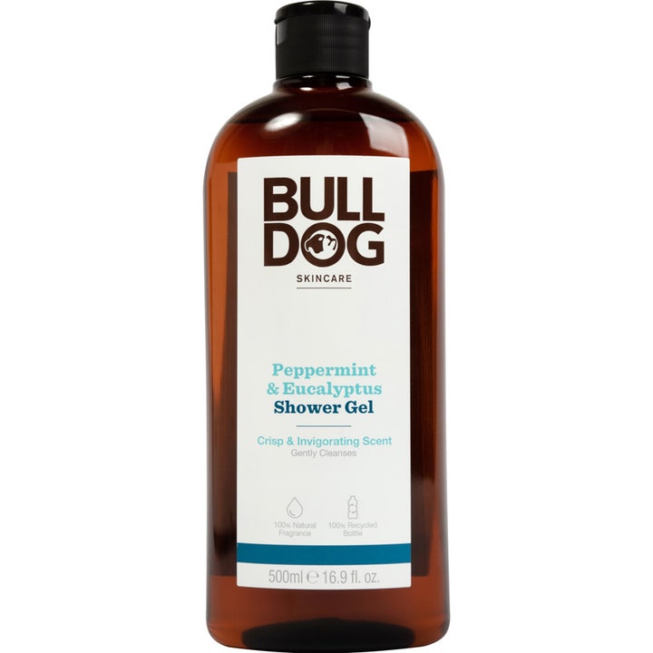 Bulldog Peppermint & Eucalyptus Shower Gel 500 ml oppfriskende dusjsåpe i brun plastflaske med hvit etikett.