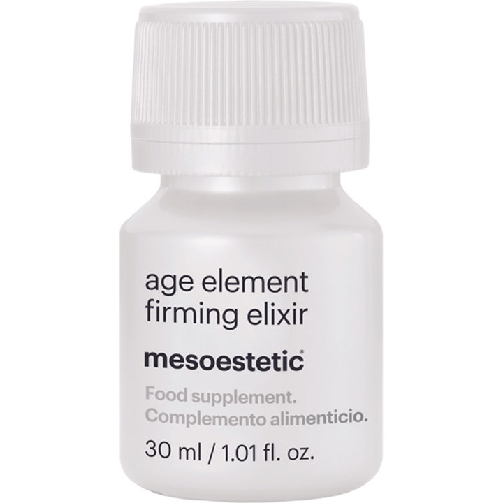Mesoestetic Age Element Firming Elixir 30 ml kosttilskudd for fasthet i hvit ugjennomsiktig flaske med rillet lokk.