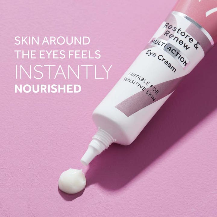 No7 Restore & Renew Multi Action Eye Cream 15 ml øyekrem som gir næring i hvit tube med tynn applikator